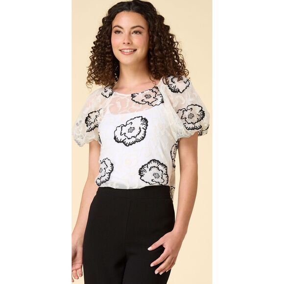 EUC Laundry by Shelli Segal Sheer Embroidered Floral Blouse – Size Medium - Picture 1 of 13